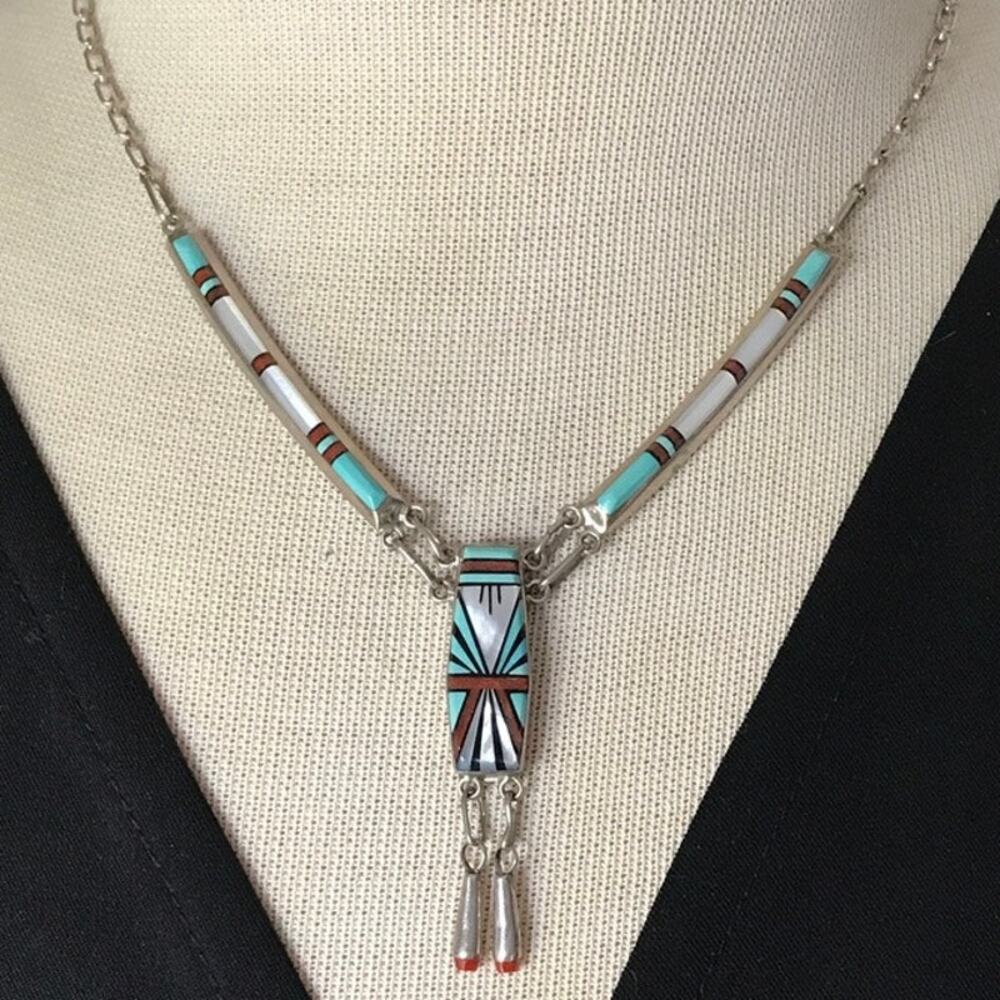 Signed D. Lucio Zuni Artist Sterling Silver Pendant Necklace Turquoise MOP, Pawn